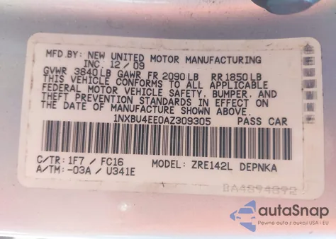 2010 Toyota Corolla Xle z USA, uszkodzony, nr VIN 1NXBU4EE0AZ309305